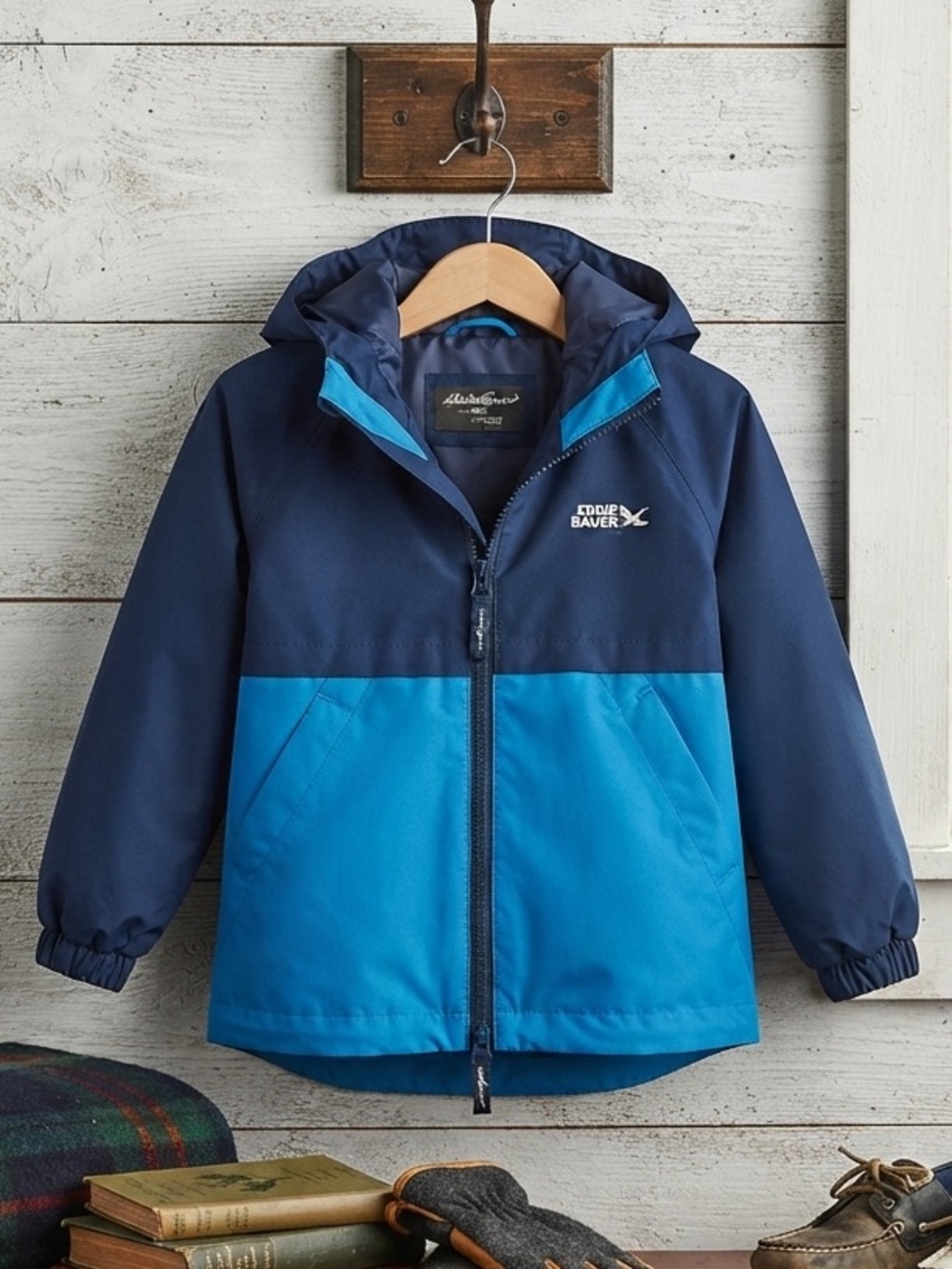 Eddie Bauer Kids Hooded Rain Jacket Blue Colorblock XS 5/6 Lightweight Coat